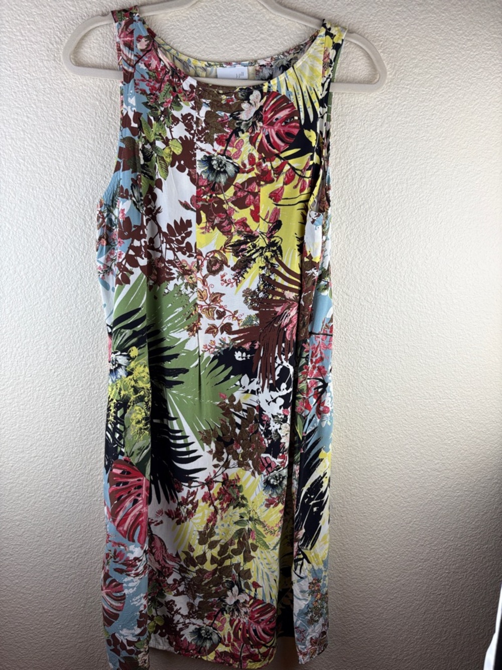 J. Jill Women’s Sleeveless Rayon Shift Dress Artsy Tropical Floral Pockets Sz M
